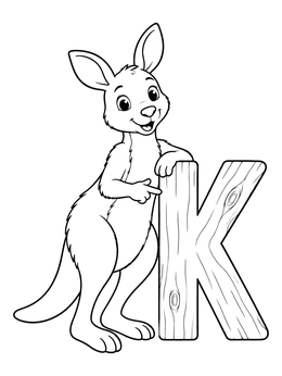 A cute kangaroo coloring page showing a friendly joey leaning on a wooden letter K.