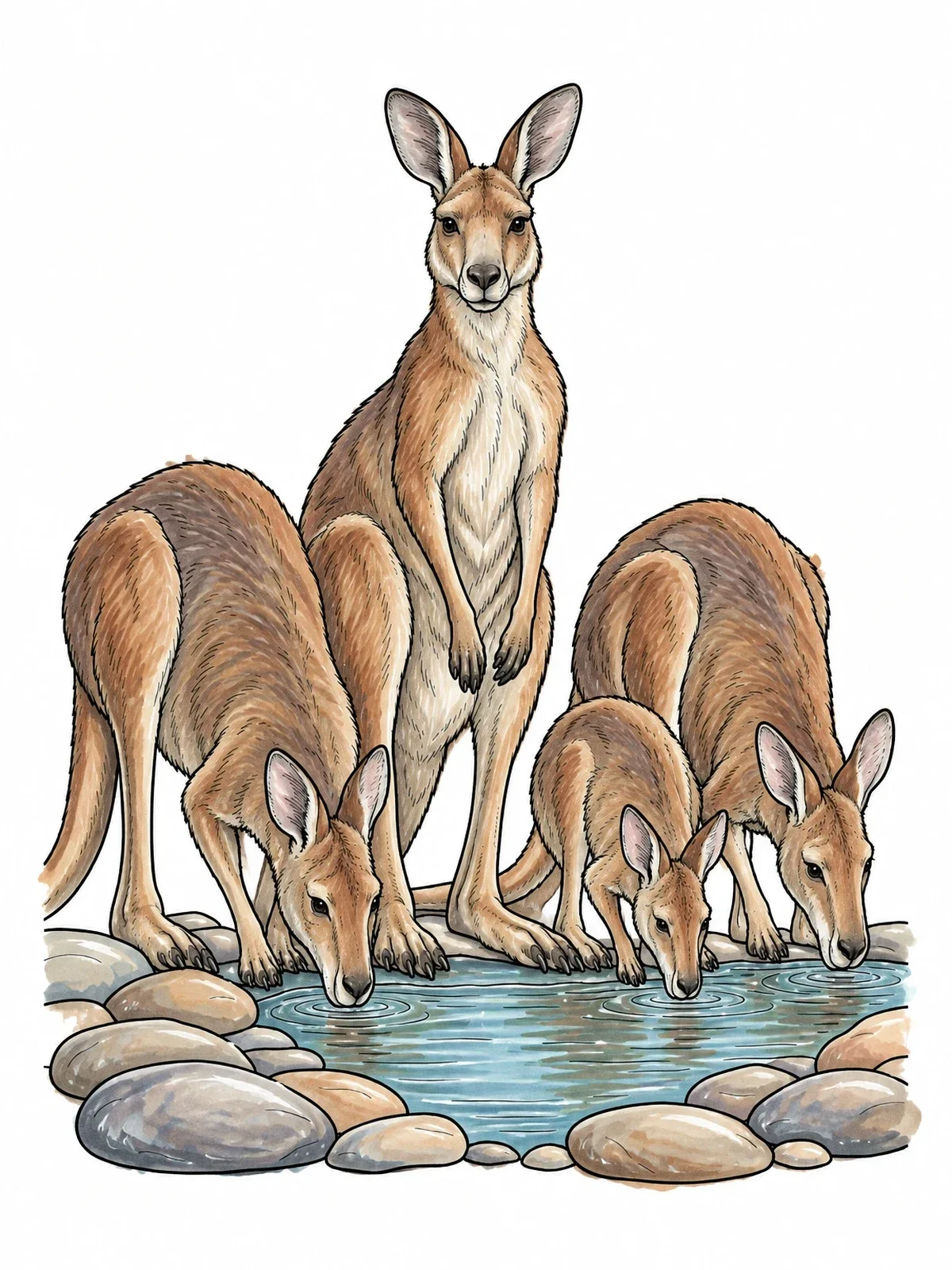 Colored example of the Kangaroo Mob At The Waterhole coloring page