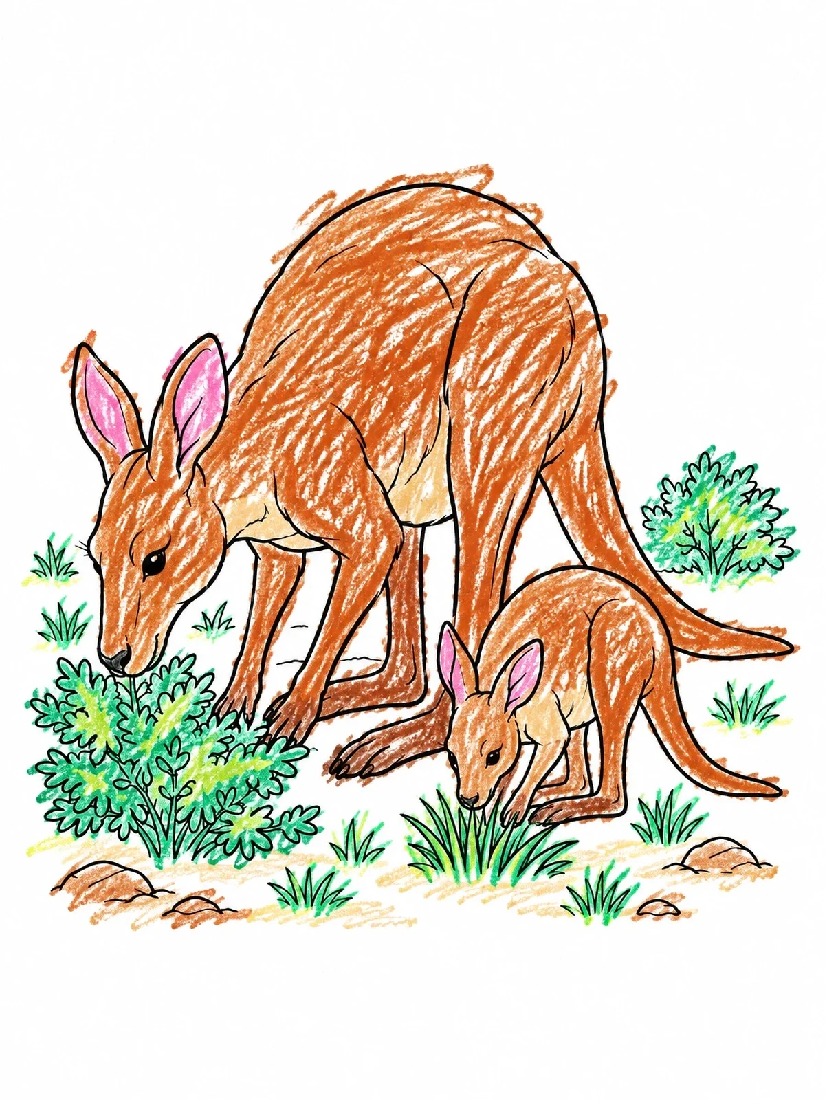 Colored example of the Kangaroo Mother And Grazing Joey coloring page