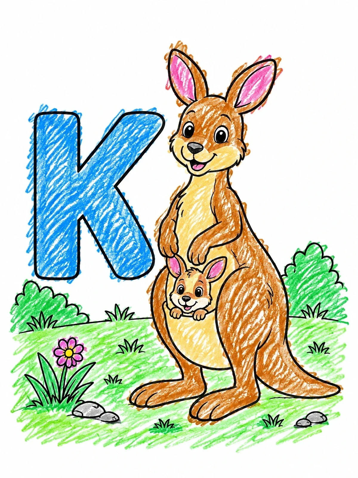 Colored example of the Kangaroo Mother With Joey And Letter K coloring page