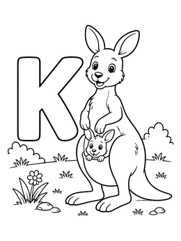 Free printable Kangaroo Mother With Joey And Letter K coloring page