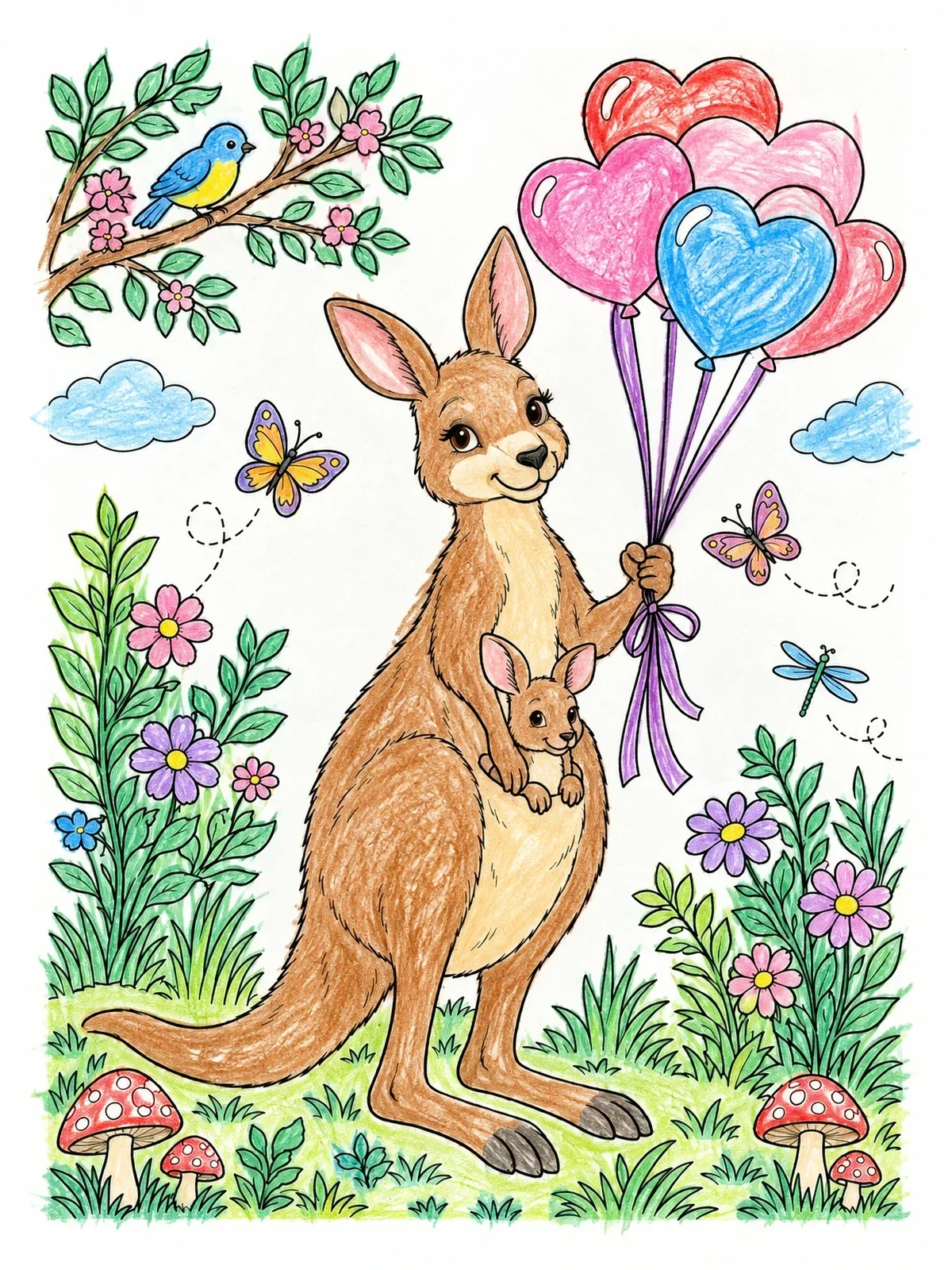 Colored example of the Kangaroo Mother With Heart Balloons coloring page