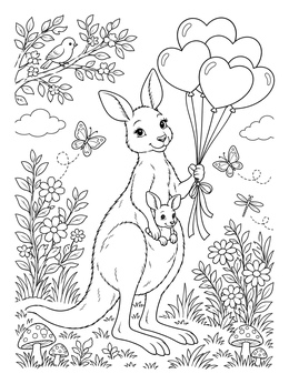 Free printable Kangaroo Mother With Heart Balloons coloring page