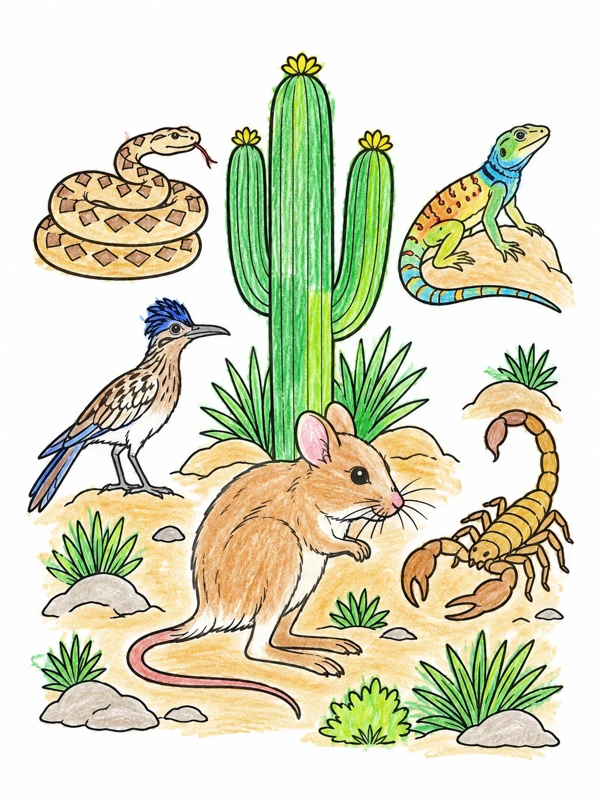 Colored example of the Kangaroo Rat And Desert Wildlife coloring page