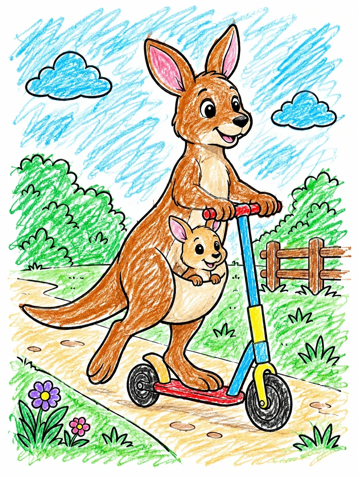Colored example of the Kangaroo Riding A Kick Scooter coloring page