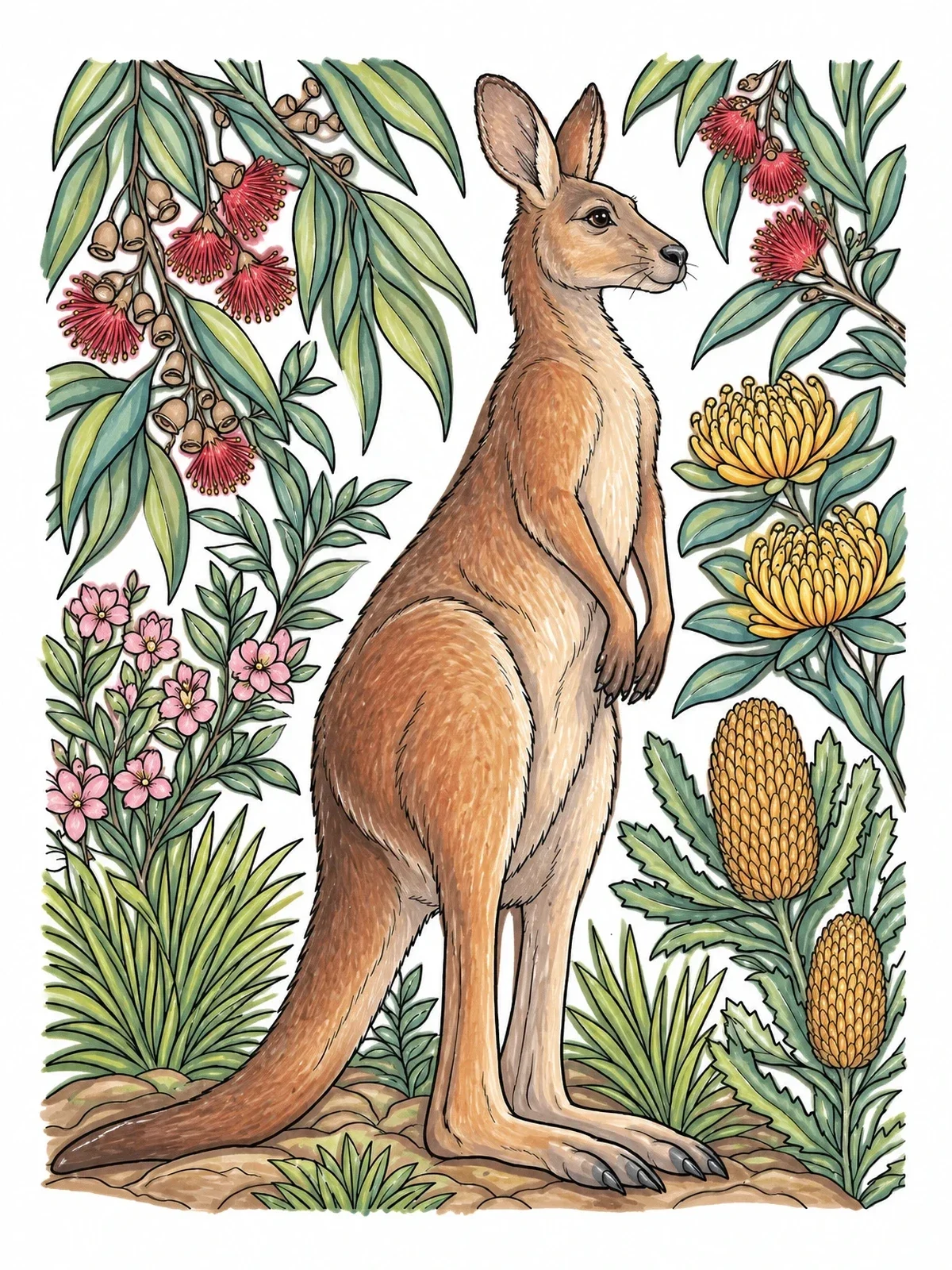 Colored example of the Kangaroo Standing Amid Australian Flora coloring page