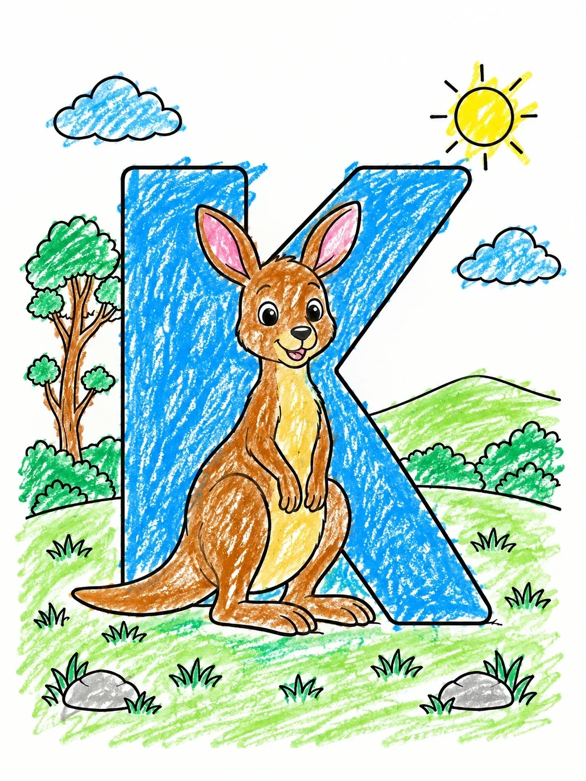 Colored example of the Kangaroo Standing By Letter K coloring page
