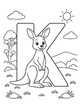 A cute kangaroo coloring page standing proudly beside a giant letter K outdoors.