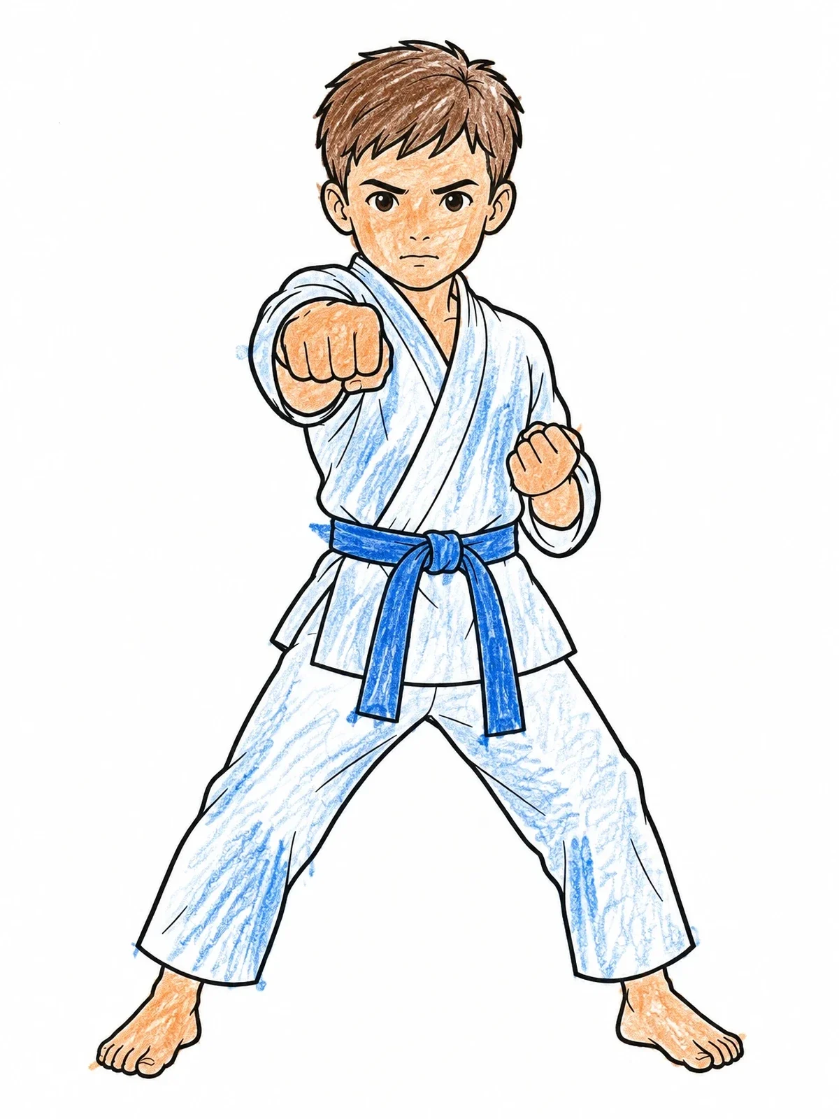 Colored example of the Karate Boy Performing A Forward Punch coloring page
