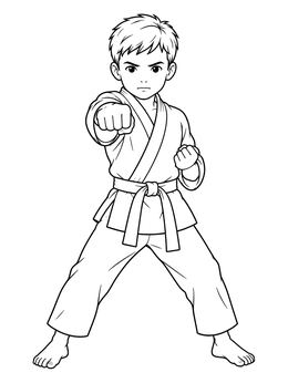 A focused young boy strikes a straight punch in this karate coloring page.