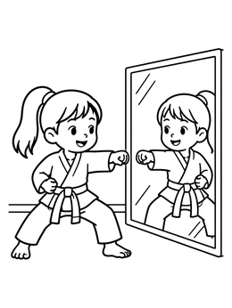 A cheerful karate coloring page featuring a young girl practicing punches in front of a dojo mirror.
