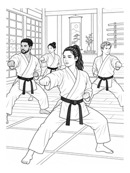 A focused group practicing punches in this karate coloring page set inside a traditional wooden dojo.