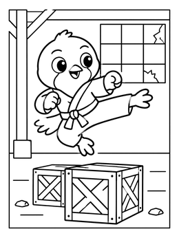 A karate robin coloring page featuring a cute bird doing a flying kick above wooden crates.