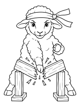A karate coloring page showing a brave sheep breaking a wooden board with a martial arts chop.