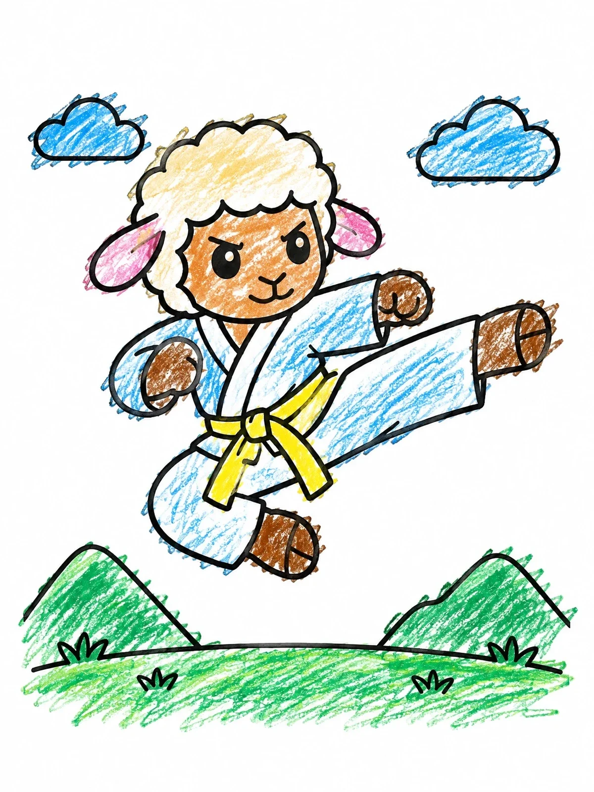 Colored example of the Karate Sheep Flying Kick coloring page