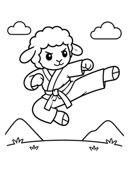 Free printable Karate Sheep Flying Kick coloring page