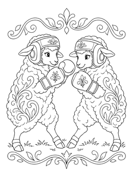 Two cute sheep spar playfully in padded gear on this karate coloring page.
