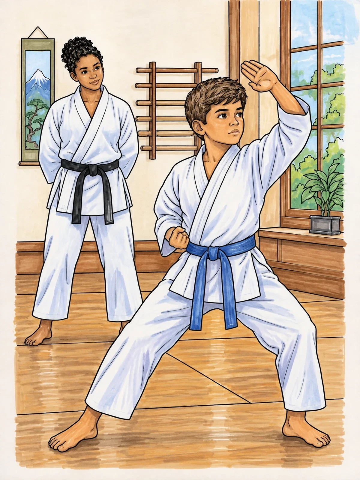 Colored example of the Karate Student Practicing Stance With Sensei coloring page