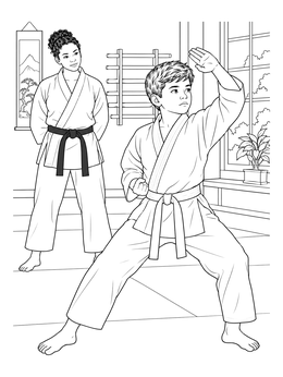 A young student practices a block on this detailed karate coloring page while an instructor watches.