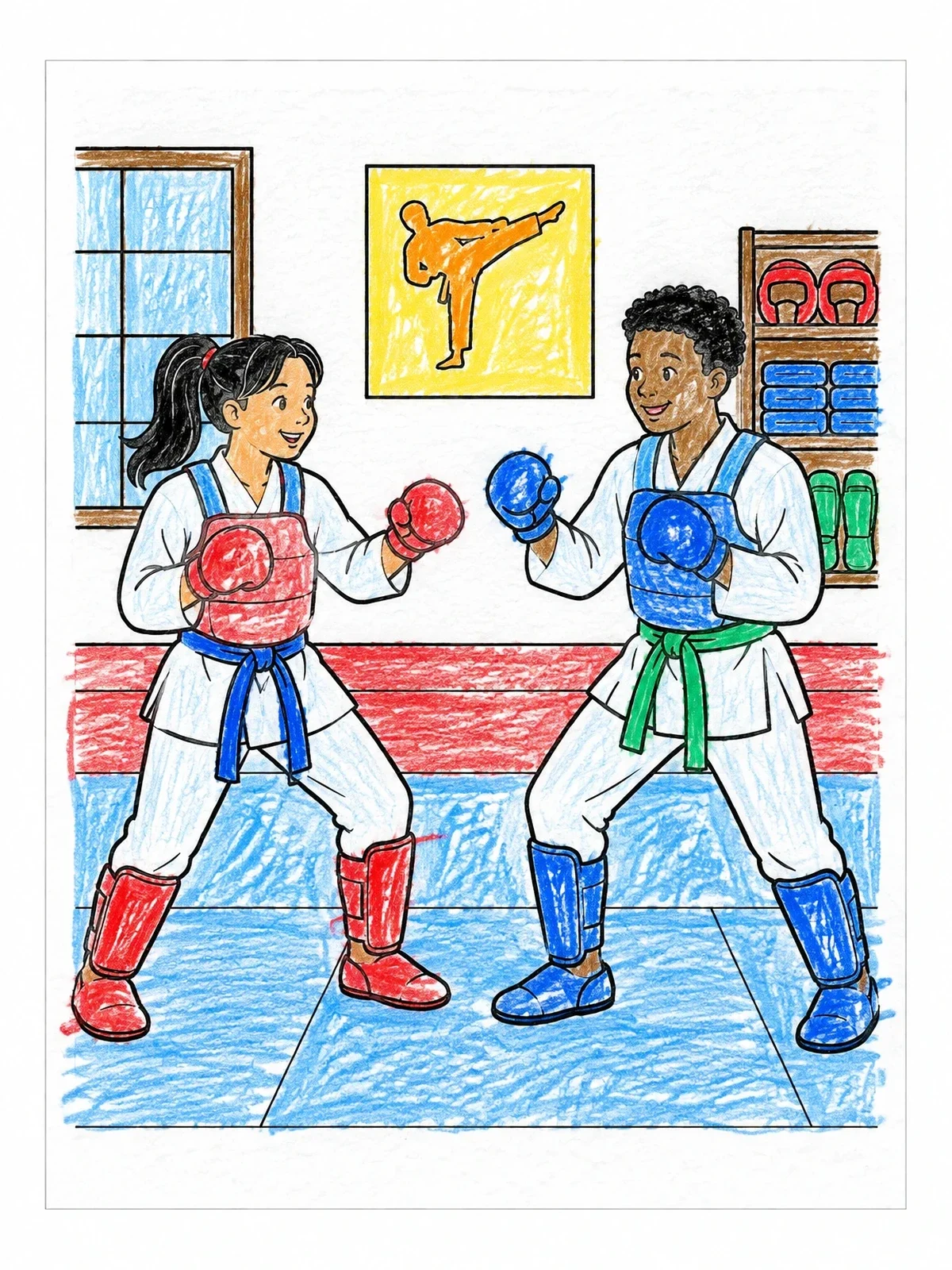 Colored example of the Karate Students Practicing Sparring coloring page