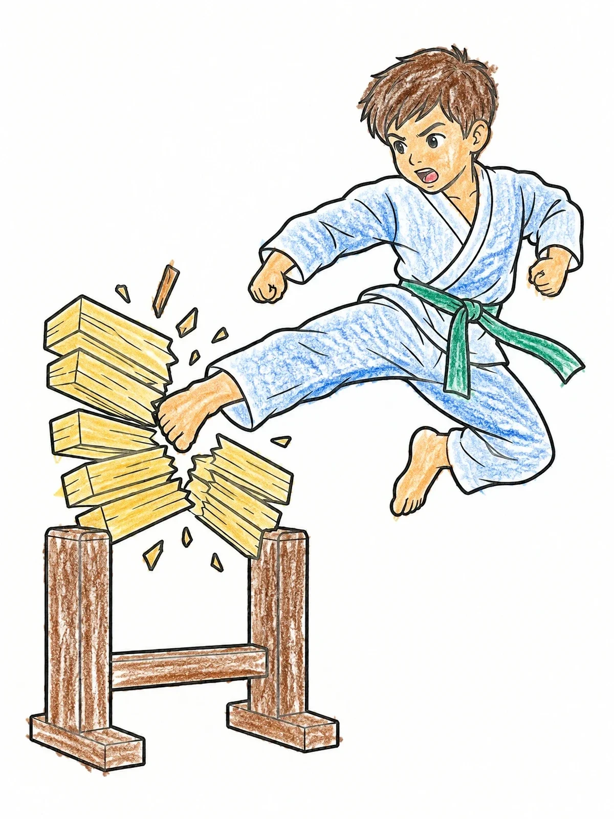 Colored example of the Young Martial Artist Breaking Boards coloring page