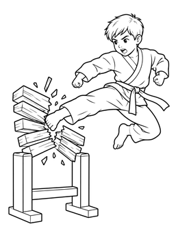 A young karate kid breaking boards in mid-air on this karate coloring page.