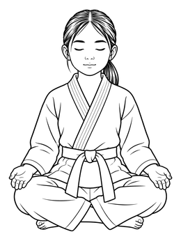 A young girl meditates peacefully in her gi on this karate coloring page.