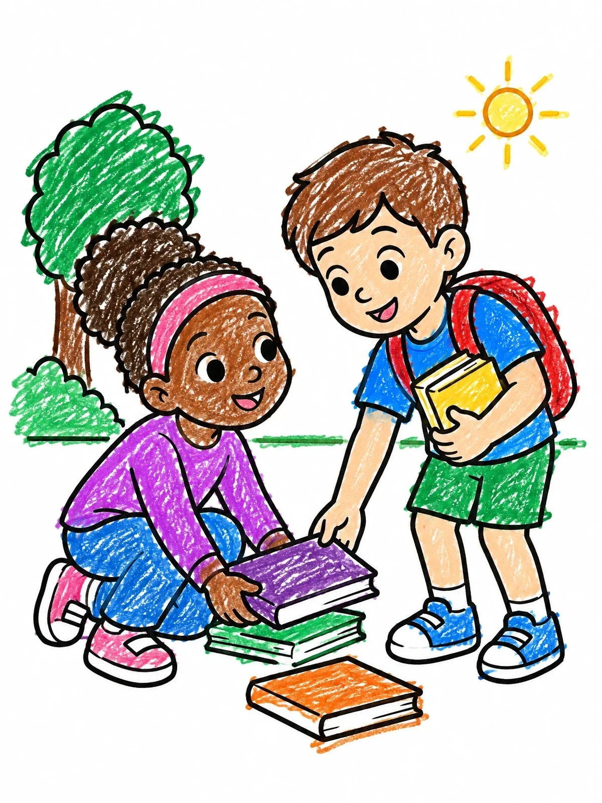 Colored example of the Children Helping With Dropped Books coloring page