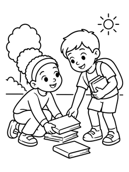Free printable Children Helping With Dropped Books coloring page