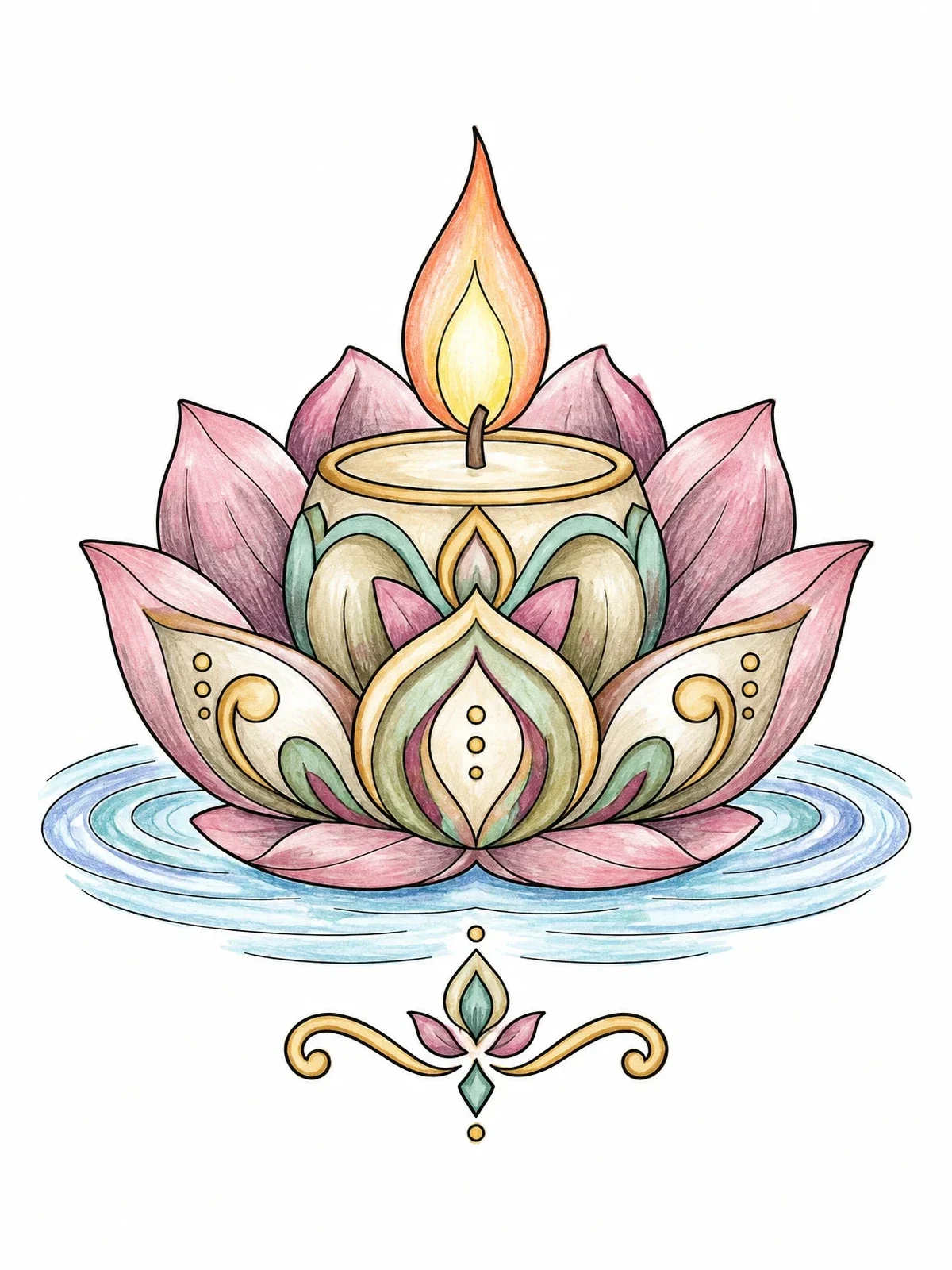 Colored example of the Serene Floating Lotus Candle coloring page