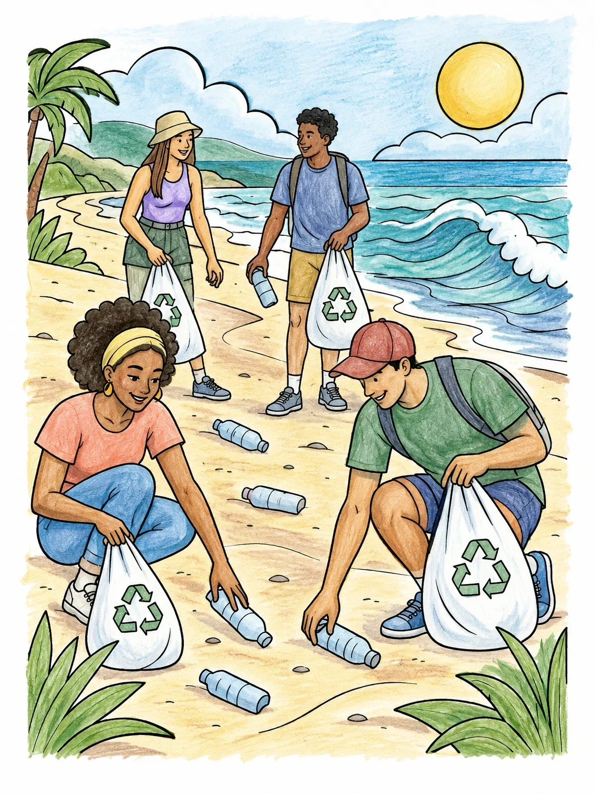 Colored example of the Friends Cleaning The Ocean Beach coloring page