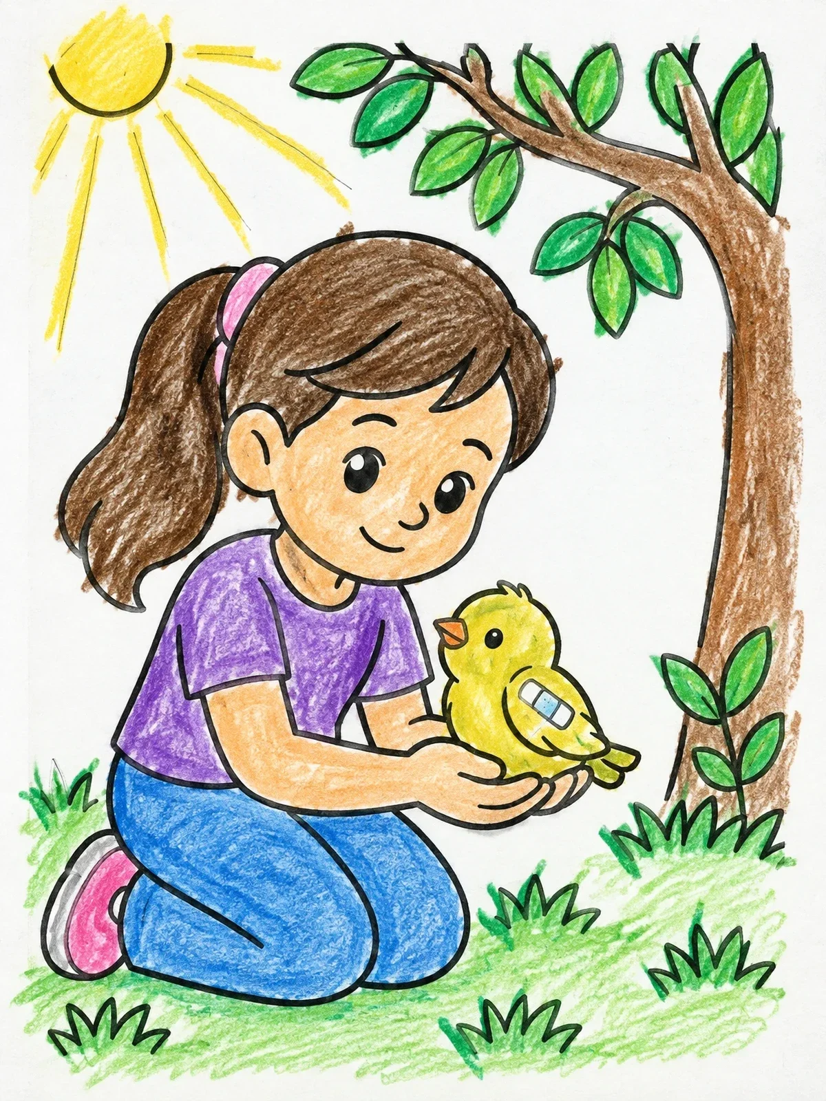 Colored example of the Kind Girl Helping A Little Bird coloring page