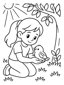 Free printable Kind Girl Helping A Little Bird coloring page