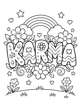 Free printable Karma Lettering With Rainbow And Flowers coloring page