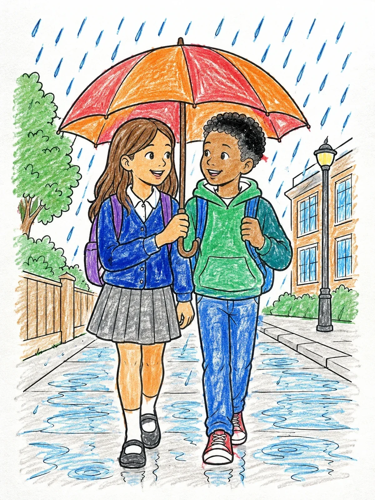 Colored example of the Sharing An Umbrella In The Rain coloring page
