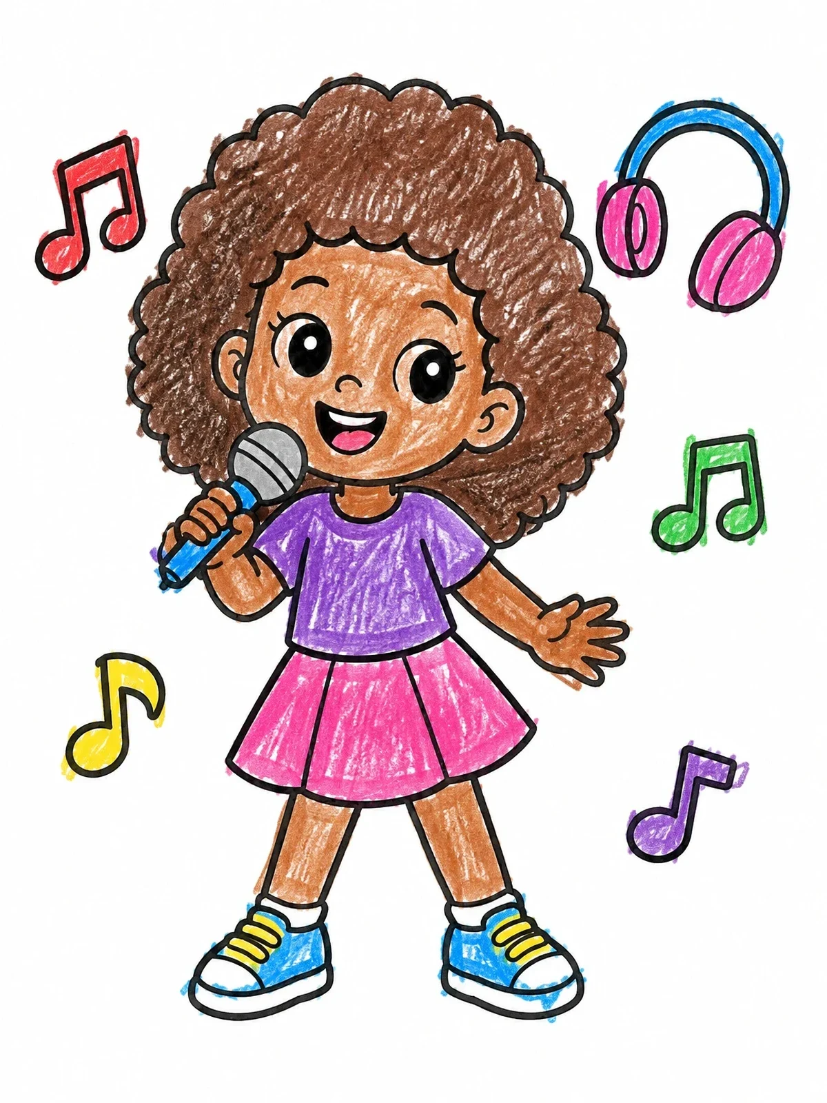 Colored example of the Singing Girl With Microphone And Music Notes coloring page