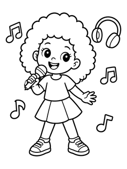 Free printable Singing Girl With Microphone And Music Notes coloring page