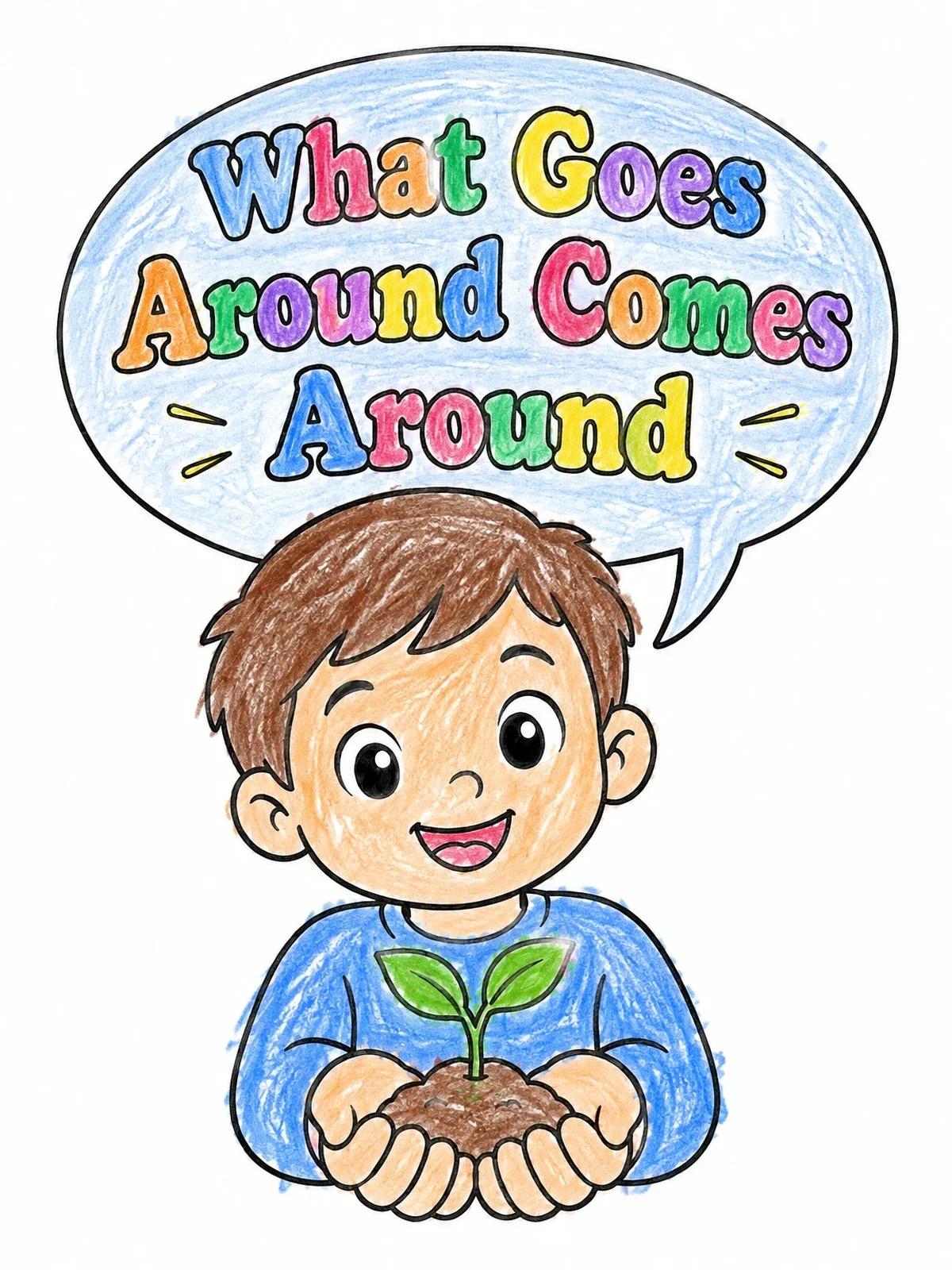Colored example of the What Goes Around Comes Around Boy With Sprout coloring page