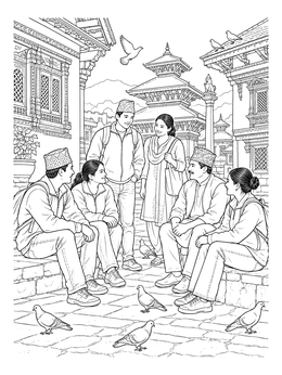 Free printable Kathmandu Square Gathering With Pigeons coloring page