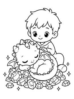 A cute boy pets a sleeping baby dragon on gems in this kawaii coloring page.