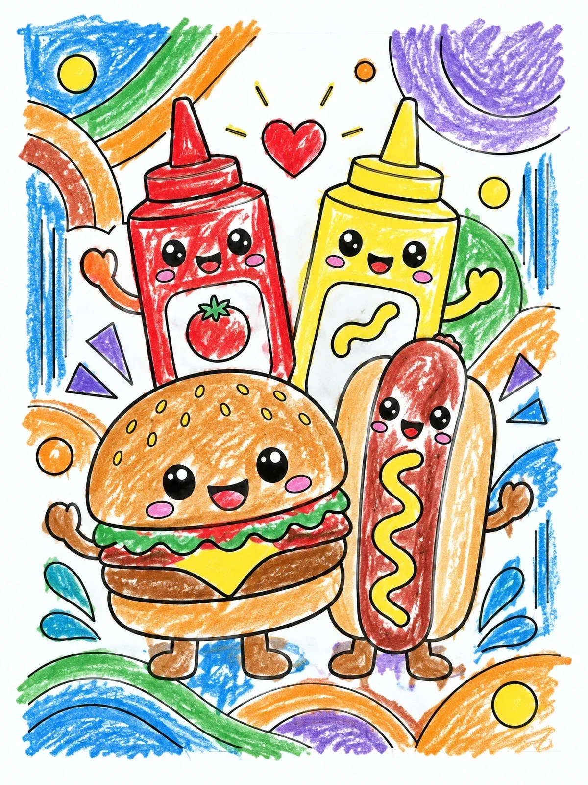 Colored example of the Kawaii Burger And Hot Dog Cookout Friends coloring page