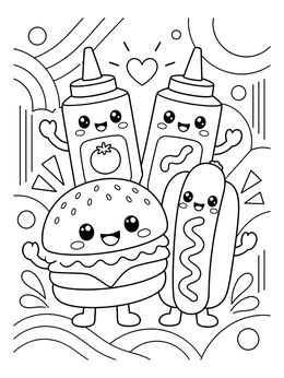 A cheerful kawaii burger and hot dog team up in this adorable cookout coloring page.