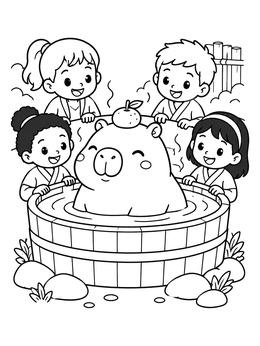 A cute capybara in a wooden onsen tub surrounded by happy children in this kawaii coloring page.