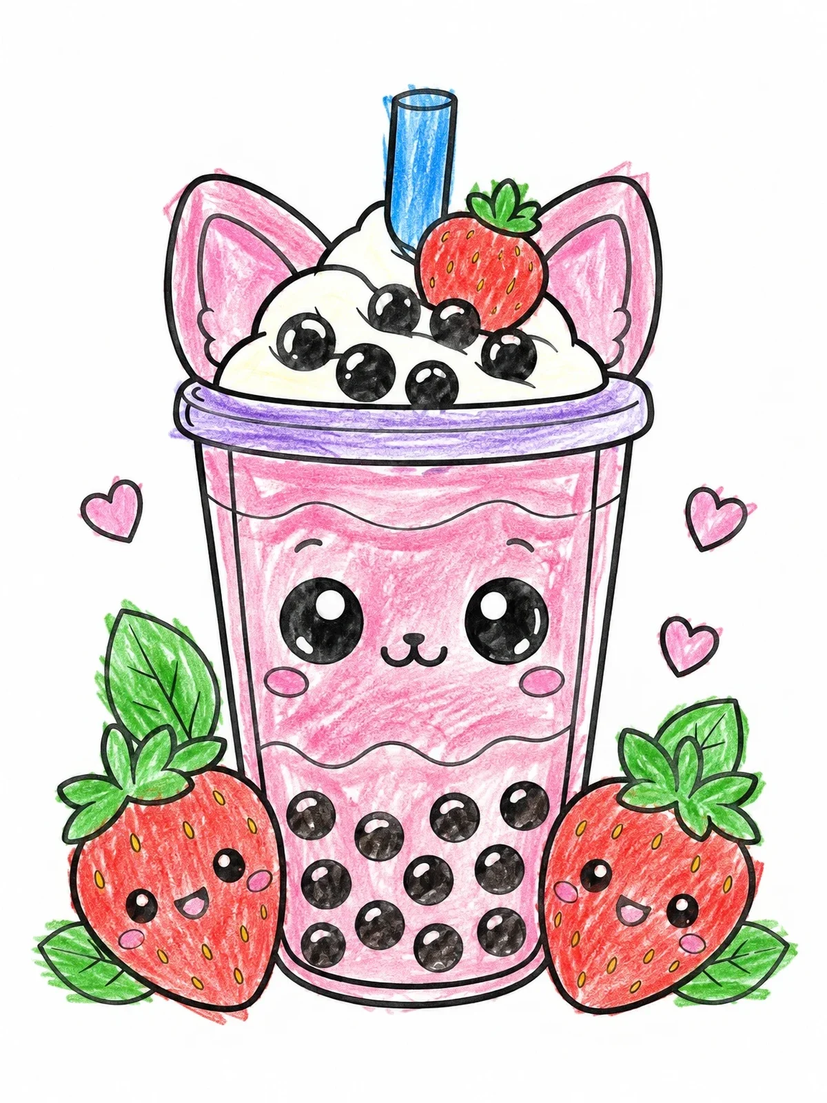 Colored example of the Kawaii Cat Boba Smoothie With Strawberries coloring page