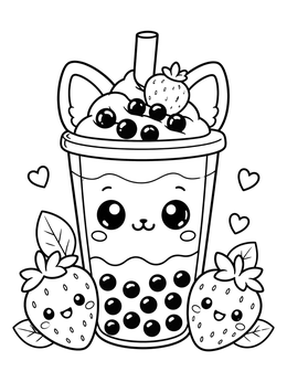 Free printable Kawaii Cat Boba Smoothie With Strawberries coloring page