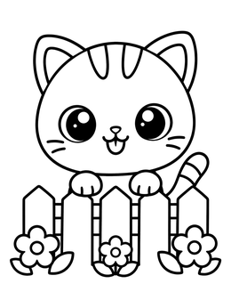 Free printable Cute Kitten Behind Garden Fence coloring page