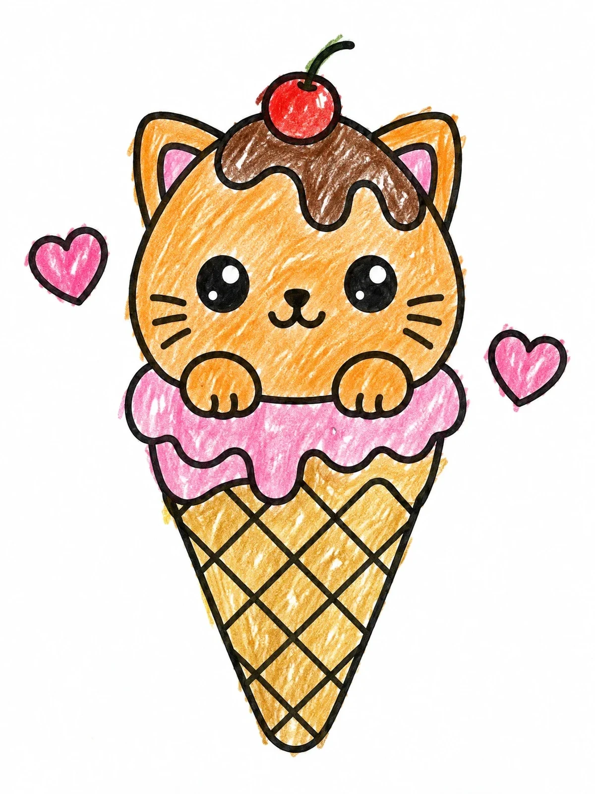 Colored example of the Kawaii Cat Ice Cream Cone coloring page