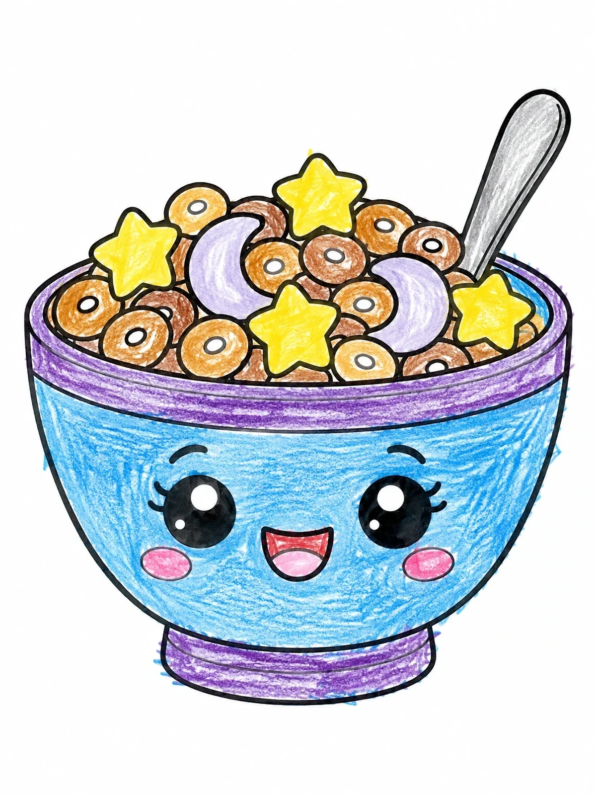Colored example of the Cute Kawaii Cereal Bowl With Stars And Moons coloring page