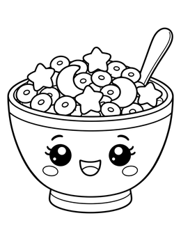 Happy cartoon bowl with stars, cereal coloring page with spoon.