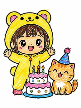 Cute Birthday Party With Chibi Girl And Cat – Kawaii Coloring Page